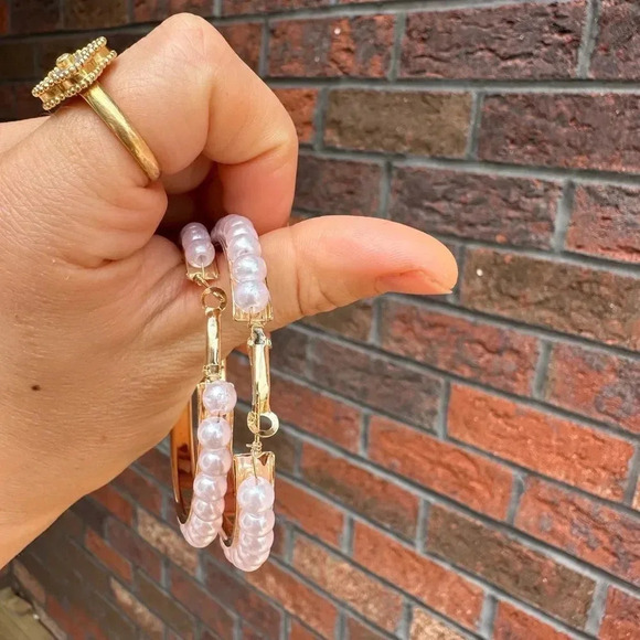 Pearl Hoop  Gold Earrings - Picture 7 of 7